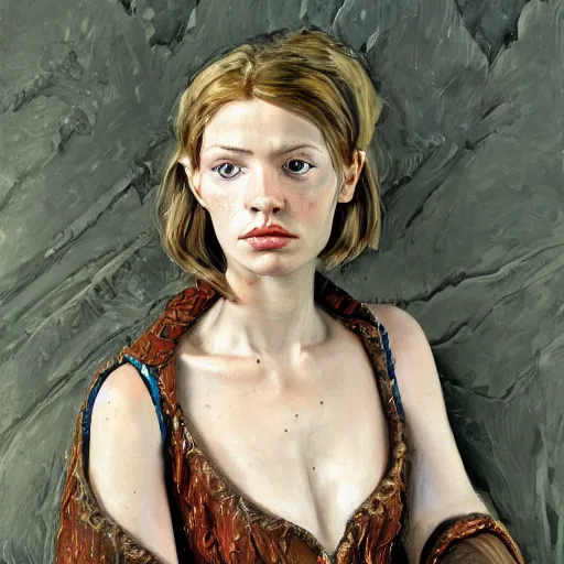 Image similar to high quality high detail portrait of a young gorgeous female warlock, fantasy, d & d, painting by lucian freud, hd