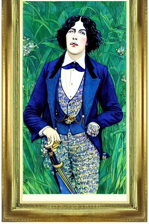 Prompt: realistic portrait of oscar wilde in the center of an ornate victorian gold frame with blue orchids, detailed art by kay nielsen and walter crane, illustration style, watercolor