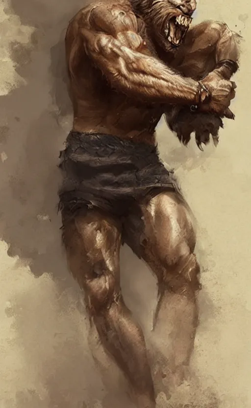 Prompt: hyperrealistic, Portrait of a rugged werewolf, male, muscular, detailed face, bare thighs!!!, simple clothing!!!!!, fantasy, medieval, highly detailed, cinematic lighting, digital art painting by greg rutkowski