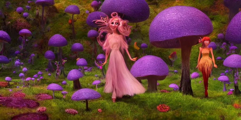 Image similar to beautiful fae queen walks through happy trippy fungal landscape, weta pixar 8 k detailed face