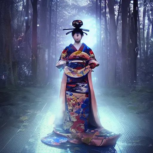 Image similar to cyberpunk geisha in japanese forest, epic, ultra detail, ultra realistic, photorealistic, 4k, god rays, highly detailed, full body, ornate, cinematic lighting, trending on artstation, hyperrealistic, focused, high details, unreal engine 5, cinematic