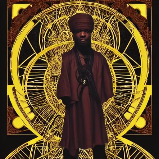 Image similar to symmetry!! an african moor wearing white robes and turban entering the voidspace. ornate, golden, steampunk stargate. front game card. marvel comics. dark. intricate. highly detailed. smooth. artstation. digital illustration by ruan jia, mandy jurgens, artgerm, wayne barlowe, greg rutkowski, and zdislaw beksinsk.