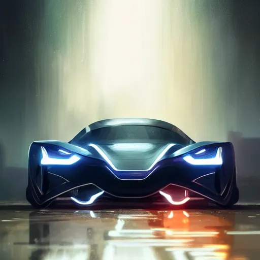 Image similar to detailed intricate digital illustration by greg rutkowski and artgerm and wlop ; 2 0 2 4 concept car electric vehicle, sharp, smooth, closeup view ; bright, glowing, led headlights and sleek design ; sharp focus, depth of field, car rig shot from the batman