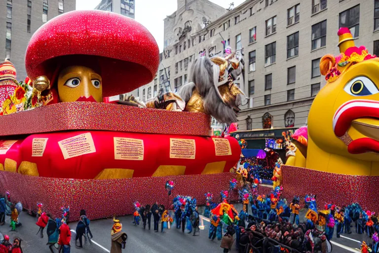 Prompt: photo of giant beautiful elaborate parade float designed by wes anderson, in the macys parade, detailed 4 k photo,