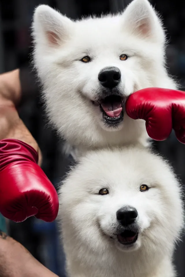 Prompt: samoyed dog head on a human body as a muay thai kickboxer, gloves on hands, cinematic