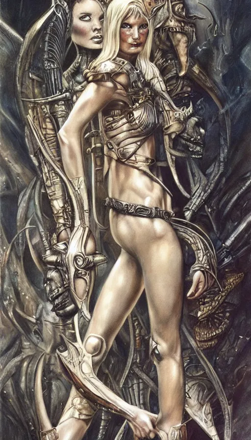Prompt: illustrated by Boris Vallejo and H.R. Giger | Beautuful portrait of a warrior-girls