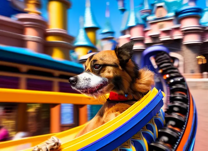 Image similar to film still of a dog riding a roller coaster in disneyland paris, 8 k