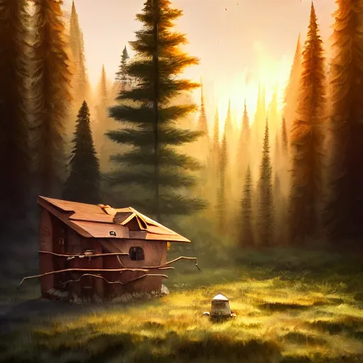 Prompt: a walking wood and metal house with two legs and one big eye, smoky chimney, rust, hyperrealistic, highly detailed, cinematic, single ray of sun, morning, pareidolia, gravity falls style, disney, ghibli, beautiful, pine trees in the background, cgssociety, artstation, 8 k, oil painting, digital art