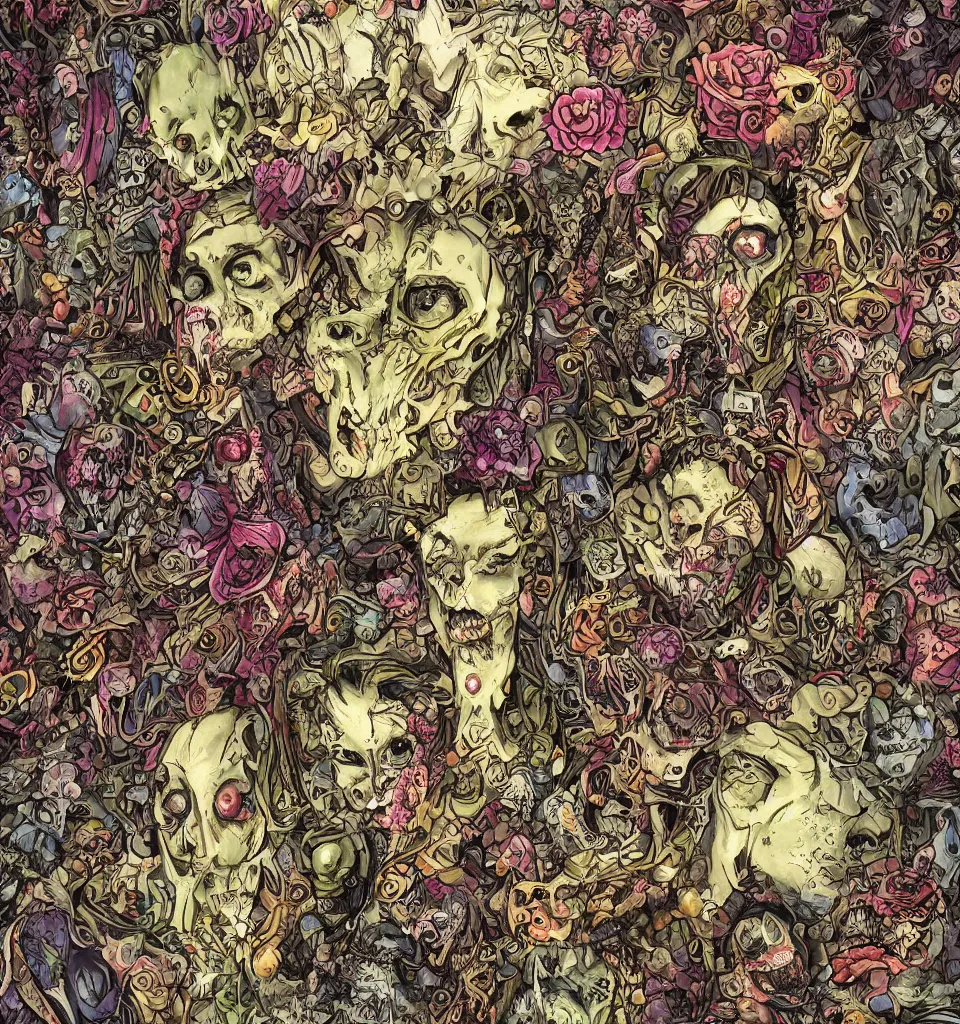 Prompt: zombie, punk, young male, grotesque, grotto, multicolored faces, fruit and flowers, gemstones for eyes, botanical, vanitas, sculptural, cartoon style, baroque, rococo, intricate detail, spiral, ornamental, kaleidoscope, soft, atmospheric