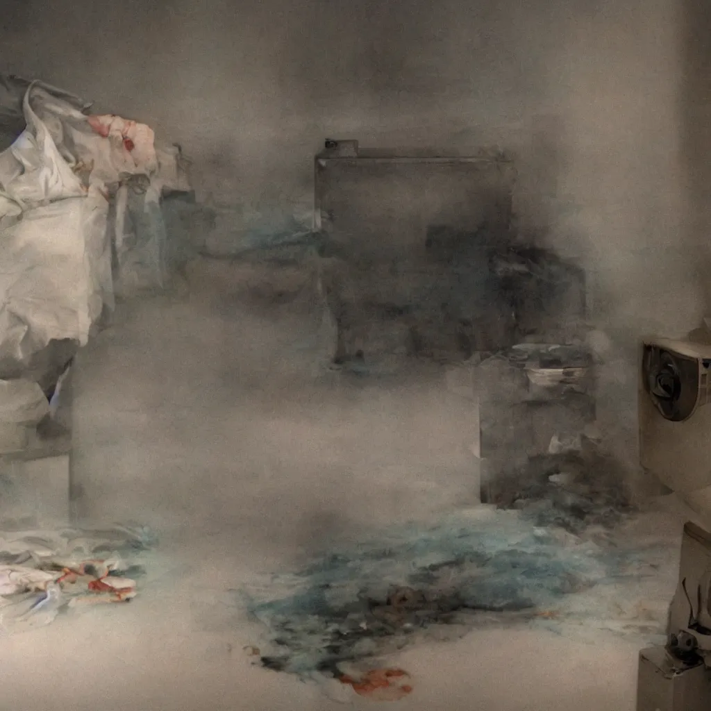 Image similar to dirty water flowing from the dirty air - conditioning machine in the bedroom of a young teenager, blurred, faded, depth of field, ultra realistic, very detailed, by gerhard richter, neo rauch and nadav kander, 8 k hyper realistic detailed cinematic still