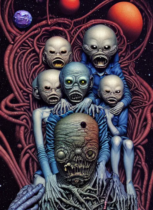 Prompt: detailed image of a creepy family in the deep space by richard corben, by Katsuhiro Otomo, by Giger, By James Jean, rich deep colors. masterpiece . intricate artwork, cinematic, hyper realism, high detail, unreal engine, 8k, Smooth gradients, High contrast, depth of field, Vibrant colors, very coherent symmetrical artwork. clean ink detailed line drawing, intricate detail, extremely detailed.