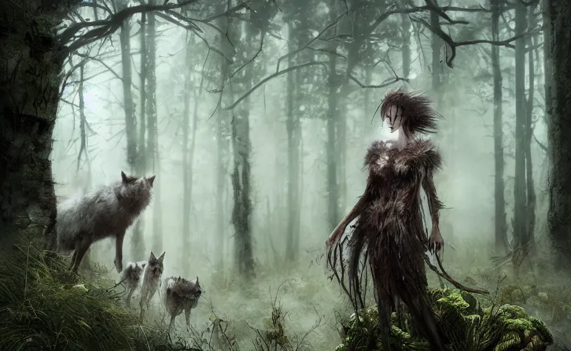 Image similar to a female spectral figure with leaves and feathers twisted in their hair is coming out of the fog with their pack of wolves and magic moss is growing on her clothes, a spectacular intricate moody concept art painting, cgsociety, vray