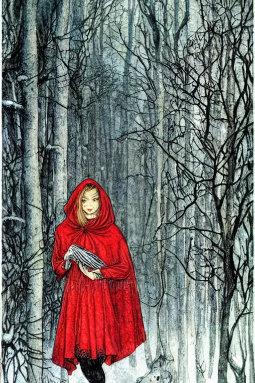 Image similar to detailed red riding hood lost in a winter forest, fantasy art, trending on artstation, fairytales, art by luis royo and walter crane and kay nielsen, watercolor illustration,