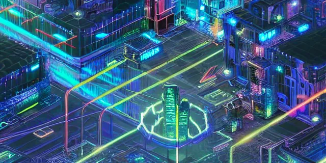 Image similar to glowing chains of interconnected network of technological cubes floating in the middle of a cyberpunk tokyo 2 0 9 9 city, in the art style of dan mumford and marc simonetii, atmospheric lighting, intricate, volumetric lighting, beautiful, sharp focus, ultra detailed