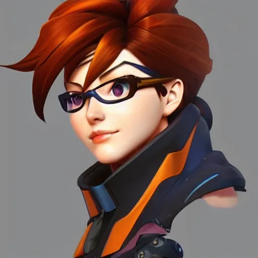Prompt: a character bust portrait of Tracer from Overwatch, concept art, stylized, colorful, clean, magical lighting, artstation, pinterest