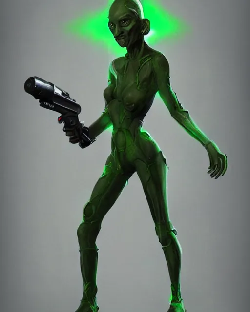 Prompt: futuristic goblin girl holding a laser rifle, sci fi, photorealistic concept art, full body shot, green skin