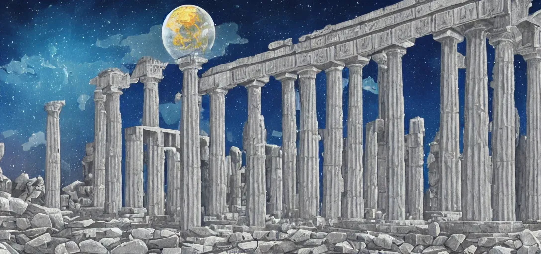 Image similar to The ruins of the Silver Millennium on the moon from Sailor Moon, digital painting, Earth in the distance, Greek-esque columns and ruins