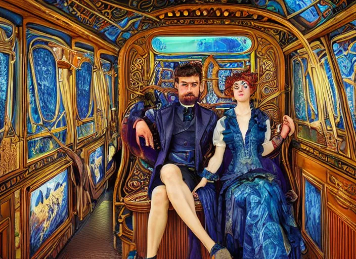 Prompt: incredibly beautiful breathtakingly detailed colour art nouveau photograph double portrait of an amazingly cool odd characterful couple sat down, in the inside of the beautiful underwater train to atlantis, full of crowds of people sat down wearing unusual clothes, each individual face amazingly detailed with lifelike expressions, ultra wide angle, 4 k