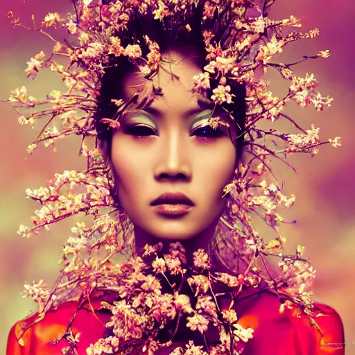 Image similar to photography of the asian queen sitting in the flower thorn, beautiful face, masterpiece costume, jewellery, high quality, elegant, emotionally touching, cool, deep gaze, mystery, tenderness, david lachapelle style