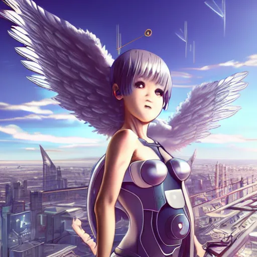 Image similar to cute endowed cyborg - angel girl with large angelic wings standing on the edge of a rooftop overlooking a floating city, left eye gold and right eye silver, biomechanical details, bionic cyborg implants, digital cyberpunk - anime art, full body shot, reflections, lens flare, wlop, ilya kuvshinov, artgerm, krenz cushart, greg rutkowski