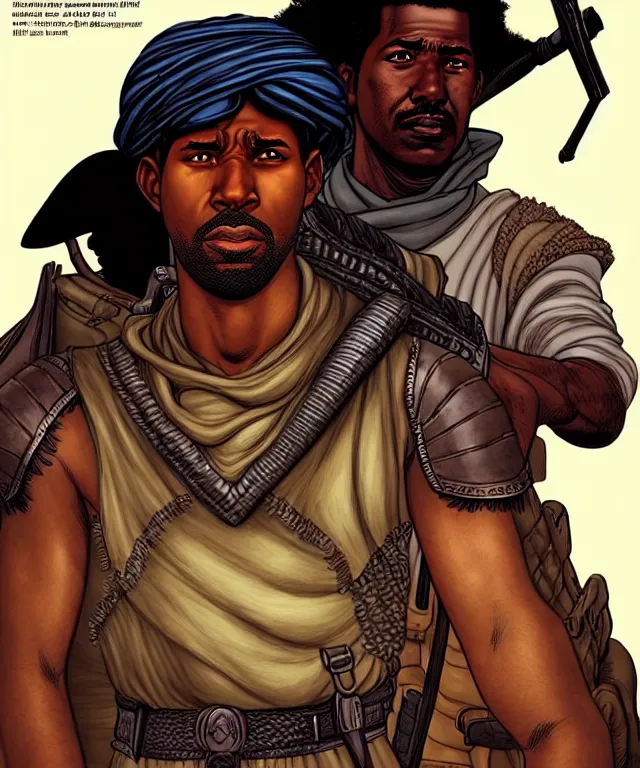 Image similar to a ( fantasy comic ) ( cover art ) portrait of a bedouin soldier who looks like ( denzel washington ), digital illustration by jenny frison and sana takeda and kentaro miura, fine inking lines, vivid colors, dnd, highly detailed!, hd, 4 k, trending on artstation