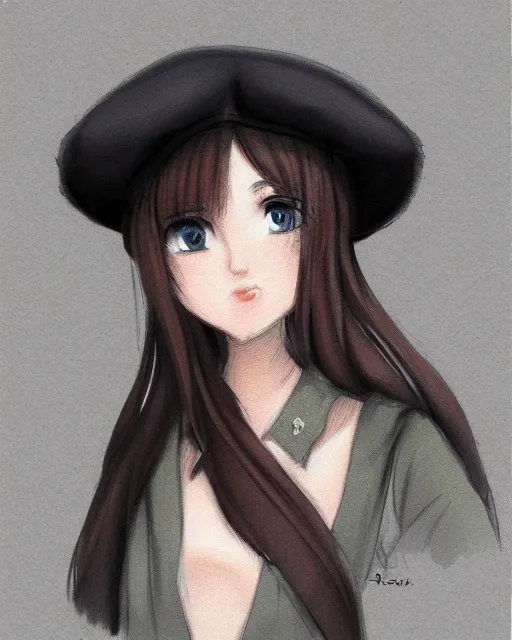 Image similar to girl with beret, drawn by Yueko, trending on Artstation