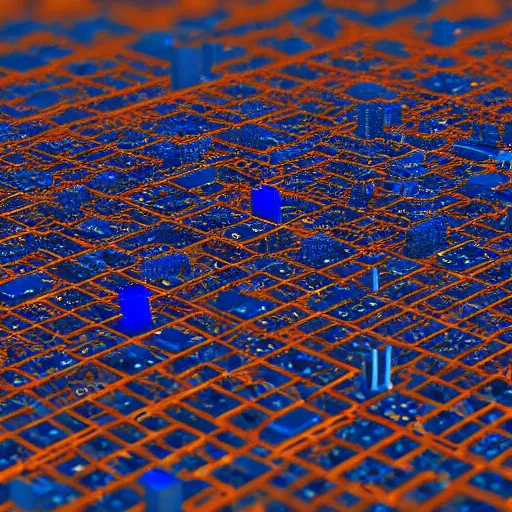 Prompt: an electron microscope image of a sprawling mega city, bokeh, 3D render, magnified, orange and blue wireframe render, 4k HD