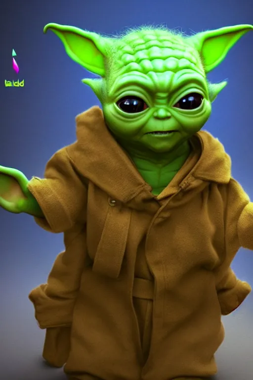 Image similar to colorful full body shot of baby yoda, trending on artstation, trending on deviantart ,cinematic backlighting, 8k, hyper detail, studio disney