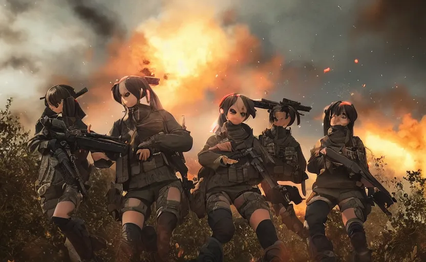 Prompt: photo of squad under heavy fire, highly detailed, explosions in background, high resolution, cosplay photo, stunning, girls frontline style, bokeh soft, shot on 7 0 mm, zenithal lightning, trending on instagram, by award winning photographer, real human faces, symmetrical facial features, modern warfare, shot with a professional camera, low saturation