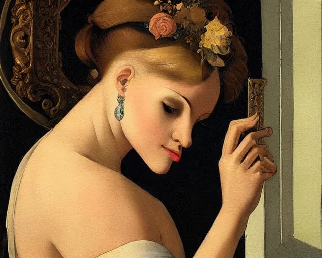 Image similar to a very unique stylize watercolor painting. 3 / 4, medium shot. a straight and long nose, and huge prominent eyes. she is looking at the mirror and crying to the sun. old photograph. sharp image. academicism, highly detailed, color harmony, art station, ornate, caravaggio style. old photography