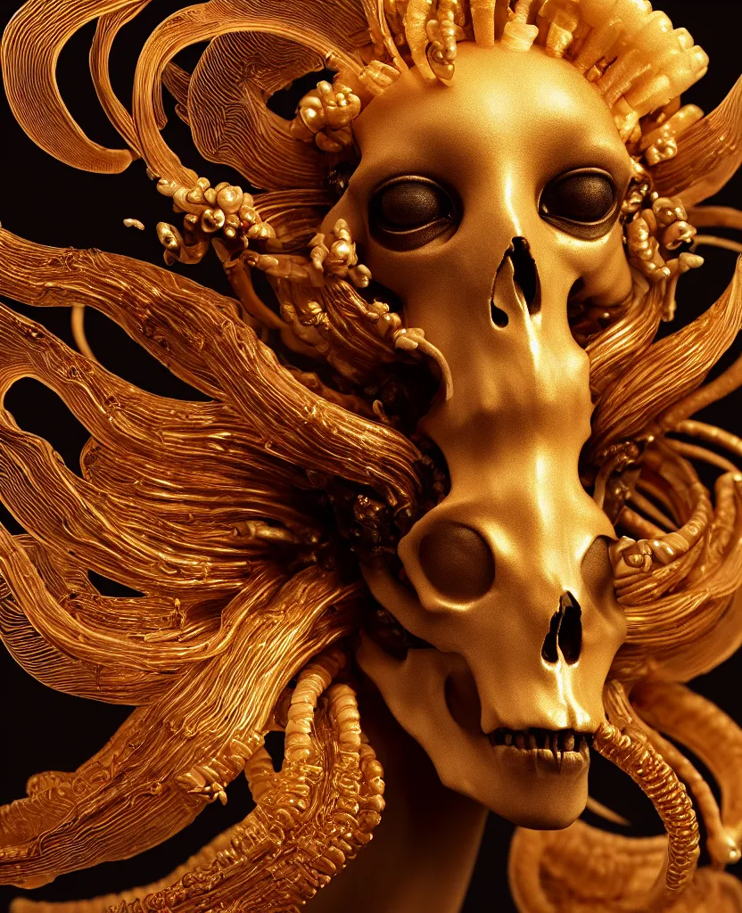 Image similar to black background. goddess princess face close-up portrait ram skull. sculpture made of gold and brilliants. jellyfish phoenix head, nautilus, orchid, skull, betta fish, bioluminiscent creatures, intricate artwork by Tooth Wu and wlop and beeple. octane render, trending on artstation, greg rutkowski very coherent symmetrical artwork. cinematic, hyper realism, high detail, octane render, 8k