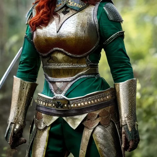 Prompt: long shot photo of Christina Hendricks as a warrior with malachite armour