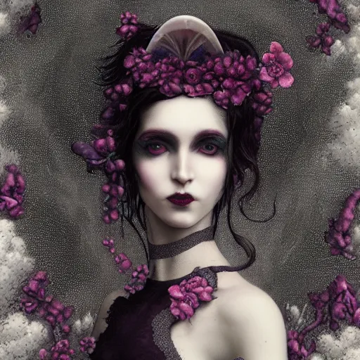 Prompt: tom bagshaw, soft painting fractal curiosities carnival, very beautiful female rabbit in full ornated nightshade gothic dress, partial symmetry accurate features, focus, very intricate ultrafine details, black white purple volumetric clouds, award winning masterpiece, octane render 8 k hd