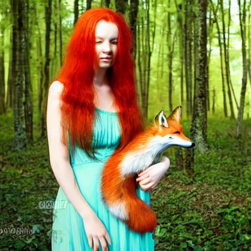 Prompt: young woman with long red hair holding a fox, green dress, standing in a mystical forest, dust in the air, sun rays shining through the trees, photorealistic, - w2048 -h 1800