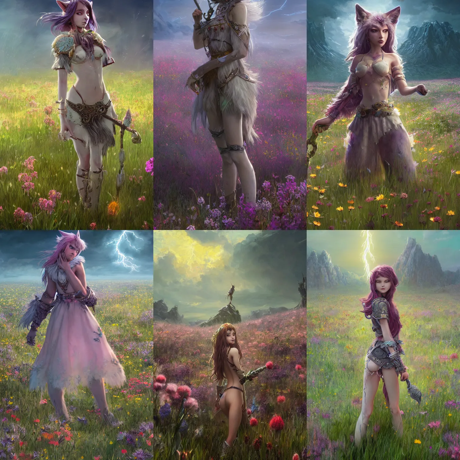 Prompt: A high fantasy wolf girl standing in the middle of the field of flowers, by Eddie Mendoza and Victor Nizovtsev, full shot RPG, official media, beautiful, detailed, high quality, wallpaper 4K, epic, trending on artstation and behance, dynamic lightning