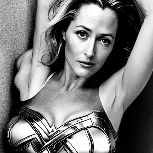 Image similar to photo of a gorgeous Gillian Anderson as wonder woman by Mario Testino, detailed, head shot, award winning, Sony a7R -