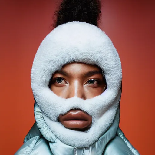 Image similar to realistic! photoshoot for a new balenciaga lookbook, color film photography, portrait of a beautiful woman wearing a puffer jacket, photo in style of tyler mitchell, fisheye lens