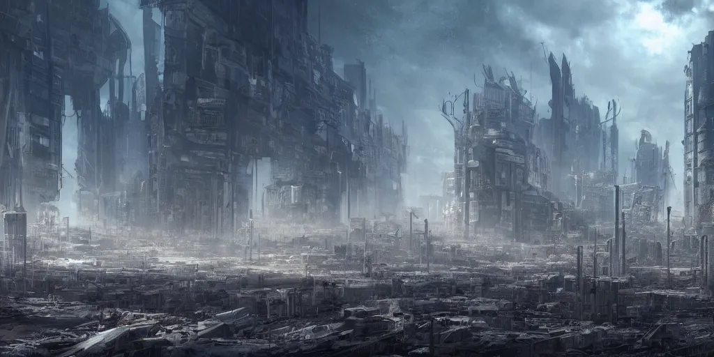 Prompt: futuristic post apocalyptic city, dystopia, 4 k