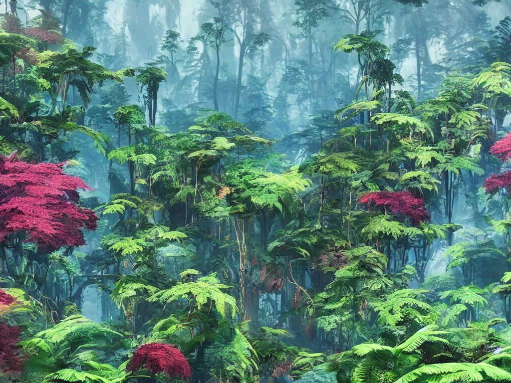 Image similar to a beautiful otherworldly fantasy landscape of dense mechanical shattered lush ferns and evergreen trees in hyper detail like the pacific northwest, vivid glowing colors, extreme detail, studio ghibli and pixar and abzu, rendering, cryengine, deep colors, aerial perspective, epic scale, vray render, cgsociety