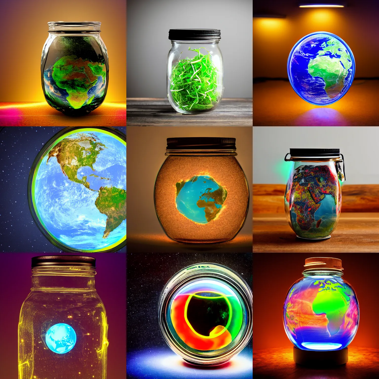 Prompt: photograph of the earth in a jar. jar is located on a neon lit table, earth is floating on some water in the jar. colorful, 8 k