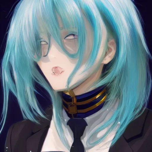 Image similar to profile shot of rimuru tempest, sky blue hair, ponytail, long bangs, gold eyes, black jacket with white stripes and a high collar, highly detailed, roman city, professional art, concept art, shutterstock, cinematic, wlop | art by pixiv, ilya kuvshinov, greg rutkowski, yoshitaka amano