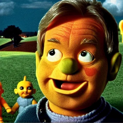 Prompt: movie still of harrison ford in teletubbies