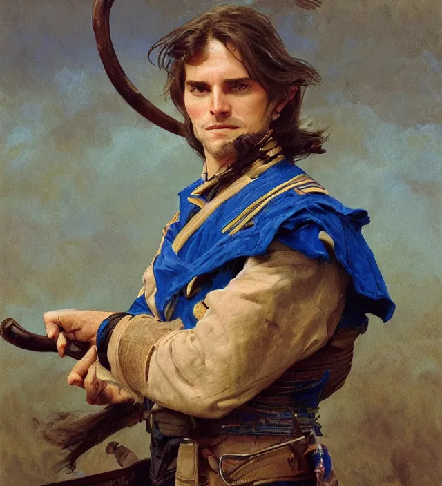 Image similar to candid portrait of a man with brown wavy hair and glowing bright blue eyes, surrounded by blue energy, powering up, wearing a blue traditional colonial military jacket, intricate, holding a spear, highly detailed, digital painting, artstation, concept art, sharp focus, cinematic lighting, illustration, art by artgerm and greg rutkowski, alphonse mucha, cgsociety