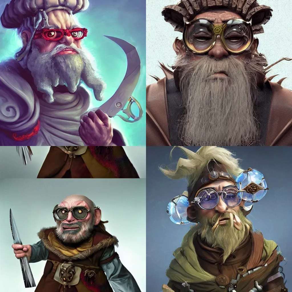 Prompt: a wise and gentle troll with scissors glasses, as an alchemist, highly detailed, dramatic, fantasy concept art by terry wei, trending on Artstation, Pinterest