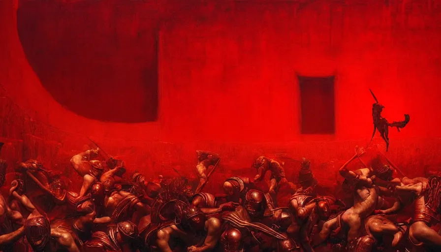 Image similar to only with red, bloody gladiator battle in a crowded roman amphitheatre, crowd cheering, in the style of beksinski and edward hopper and rodcenko and yue minjun and greg rutkowski, intricate and epic composition, red by caravaggio, highly detailed, masterpiece, red light, artstation, art nouveau