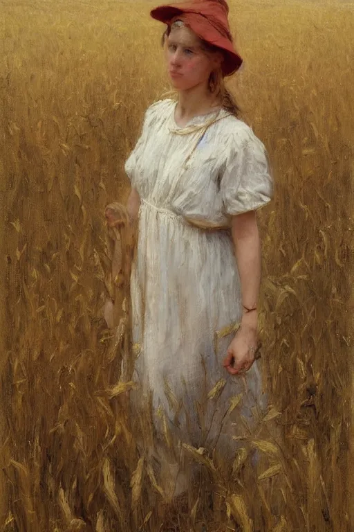 Image similar to Solomon Joseph Solomon and Richard Schmid and Jeremy Lipking victorian genre painting full length portrait painting of a young cottagecore walking in a wheat field, red background
