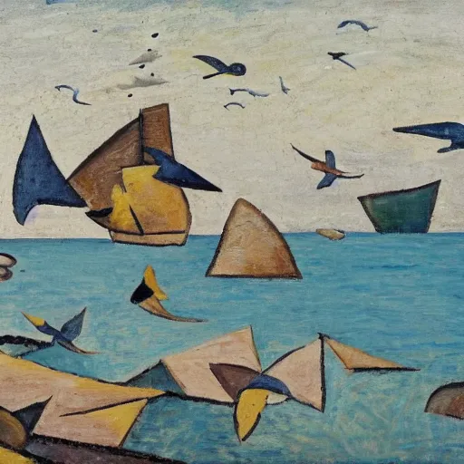 Prompt: A coast with sand and small rocks with a blue sky and a troubled sea and an old sailing ship on the horizon and in the sky is a flock of birds flying southwards, painted in oil colours, cubism