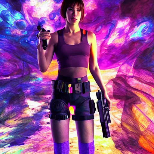 Image similar to Extreme long Shot of psychedelic Jill valentine standing with glock17 in mysterious chromatic astral temple , beautiful, dmt, trending on artstation, omnious, soft, hypermaximalistic, high details, cinematic, 8k resolution, artwork by Wong, Liam