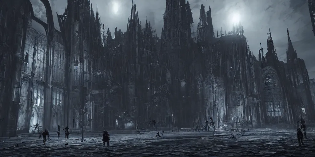 Image similar to grimdark tsutomu nihei aposimz gothic cathedral city, unreal engine, 8 k, ultra realistic, ultra detail