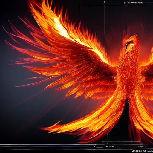Prompt: hyperdetailed photo of a detailed flaming phoenix wings spread 8 k extremely detailed hd hyperrealism unreal engine